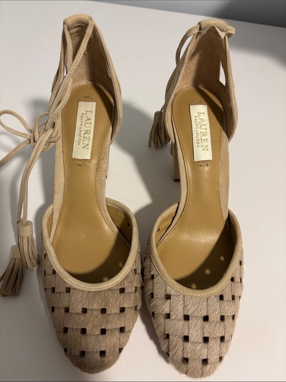 Ralph Lauren Women’s “Verna” ankle-wrap D’Orsay heels Beige Size 7B
